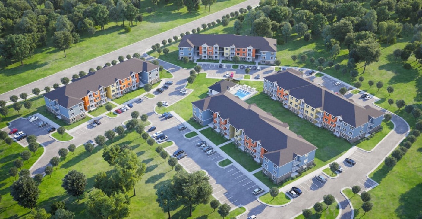 Aerial view of The RISE apartment community, Conyers GA